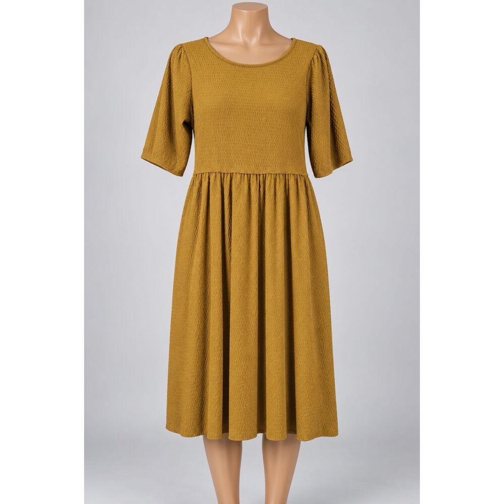 Gilli Women’s M Mustard Textured Babydoll Midi Dress Stretch Elbow Sleeve